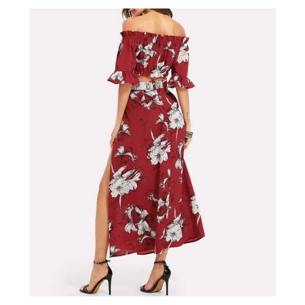 Red Floral Off the Shoulder Crop Top Skirt Set - Picture 4 of 5